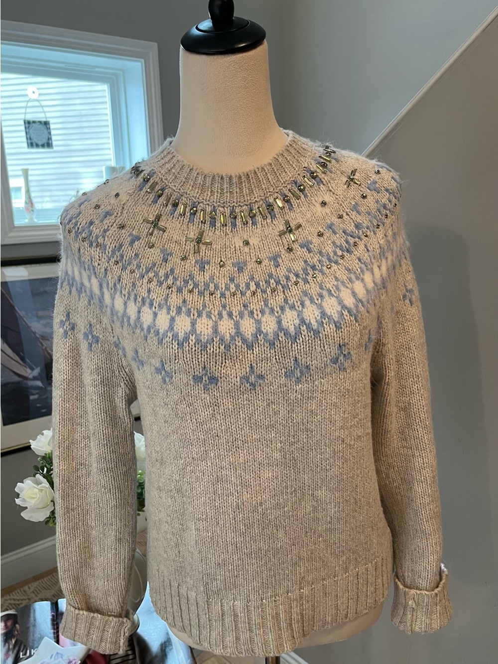 J. CREW Sweater Pullover Fair Isle Jewel Embellished Neckline Ivory/Blue SMALL